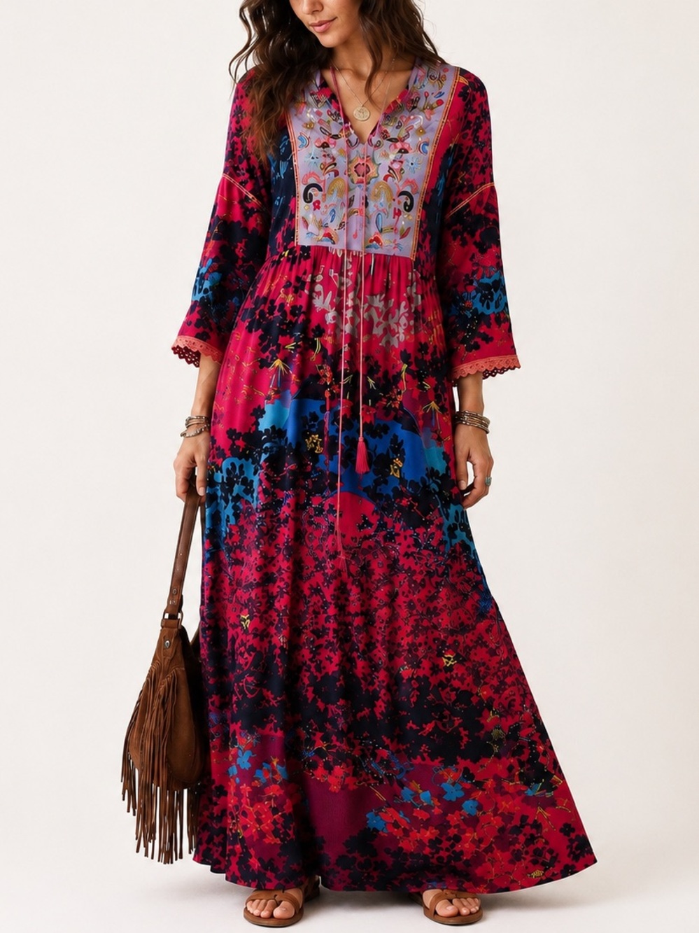 Peace + Love Flowy Boho Maxi Dress Embroidered Beaded Artsy Peasant Style Medium